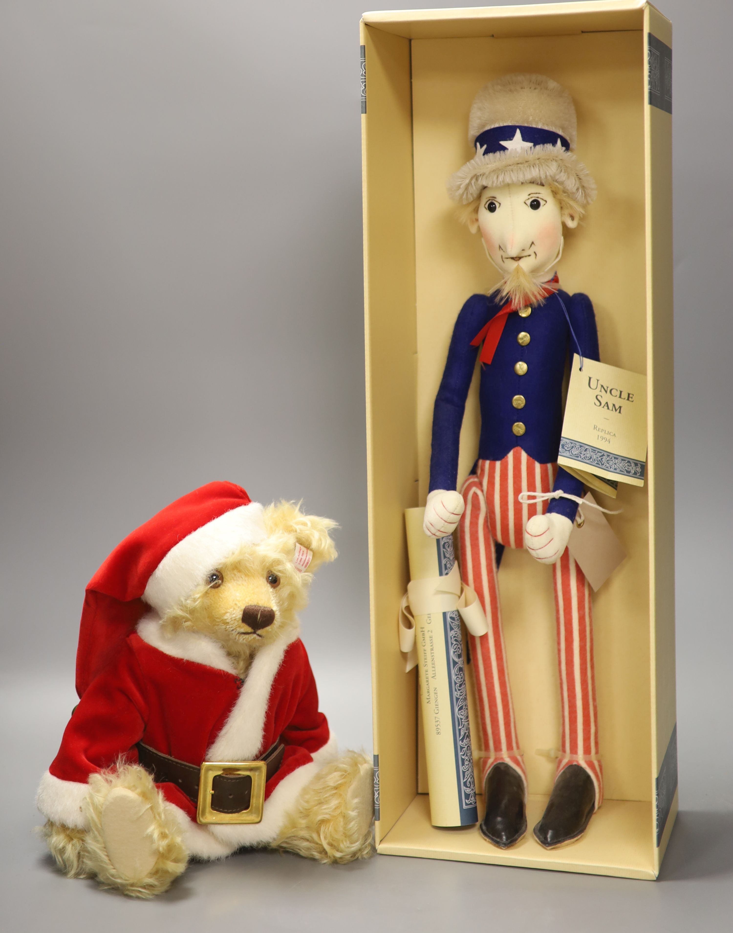 Steiff 'Uncle Sam' doll, box and certificate, Steiff Father Christmas bear limited edition, box and certificate